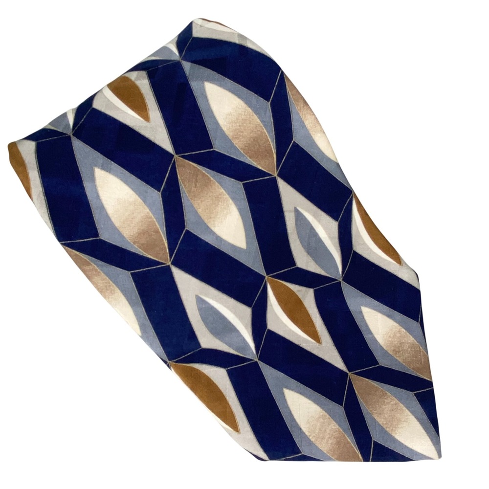 George Machado Silk Tie Mens Extra Long‎ Blue Gold Grey Geometric Diamond 62x4